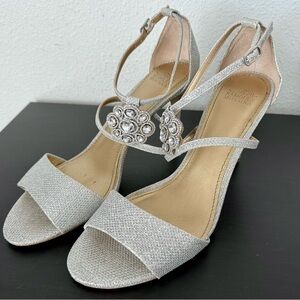 Badgley Mischka Cristal Embellished Ankle Strap 
Silver Sandals Stiletto Heel